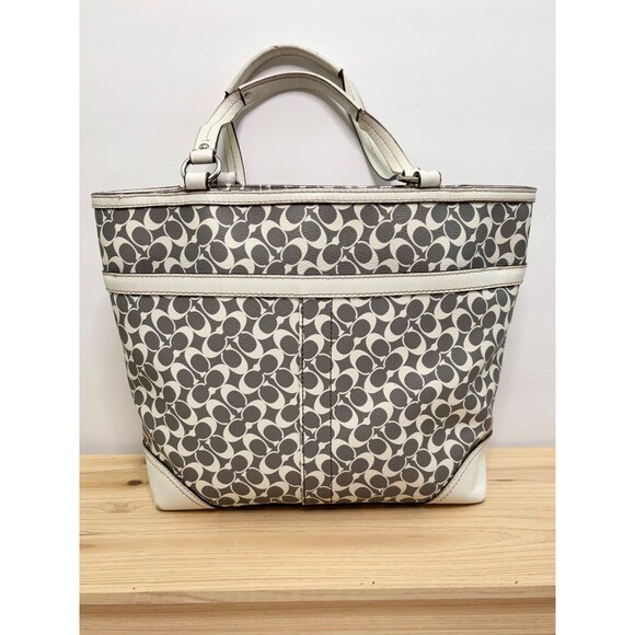 COACH HERITAGE STRIPE Bias Gray Pink White Signature PVC Chelsea Tote F15137 - Picture 2 of 13